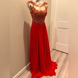 JOVANI Red Embellished Illusion Gown Style JVNX114..